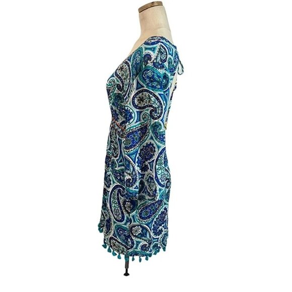 Trina Turk dress Women's XS blue green patterned mini low V neck open back - Picture 6 of 8